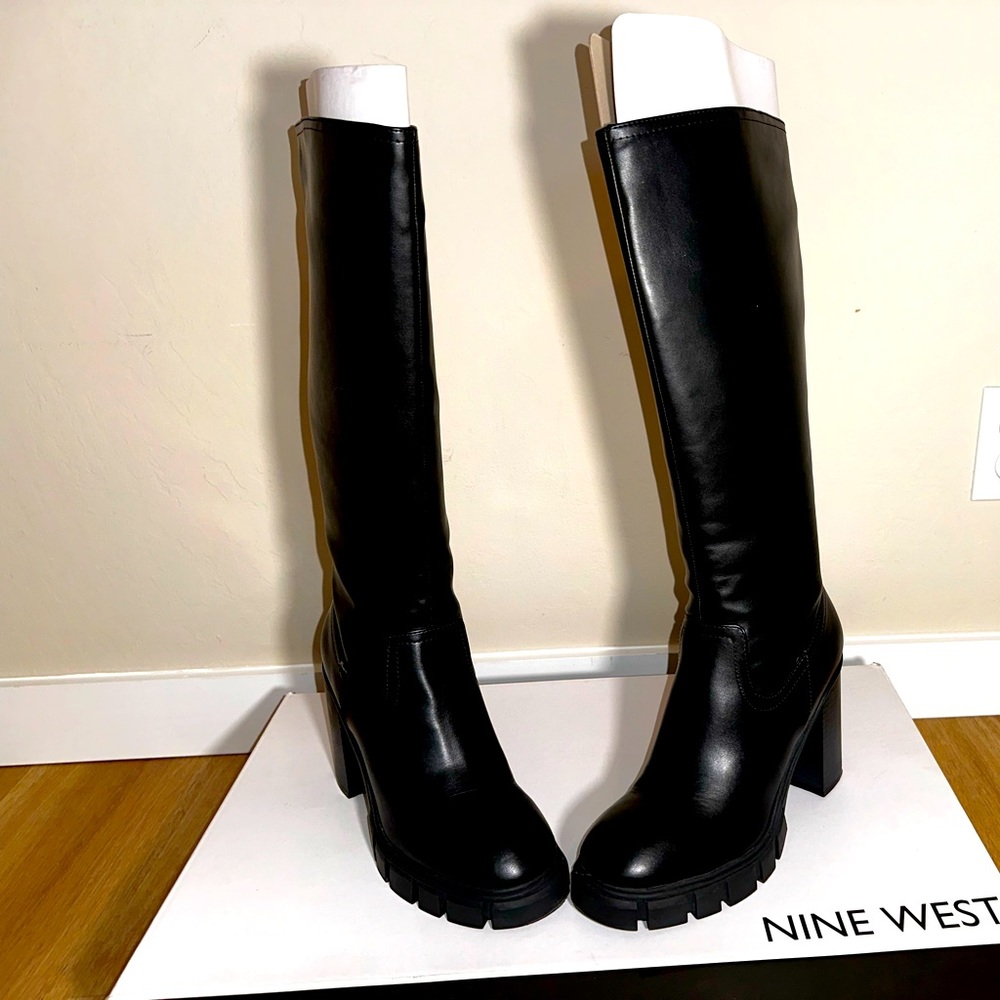 Nine West Kani Black Chunky Stacked Block Heel Round Toe Tall knee High boots